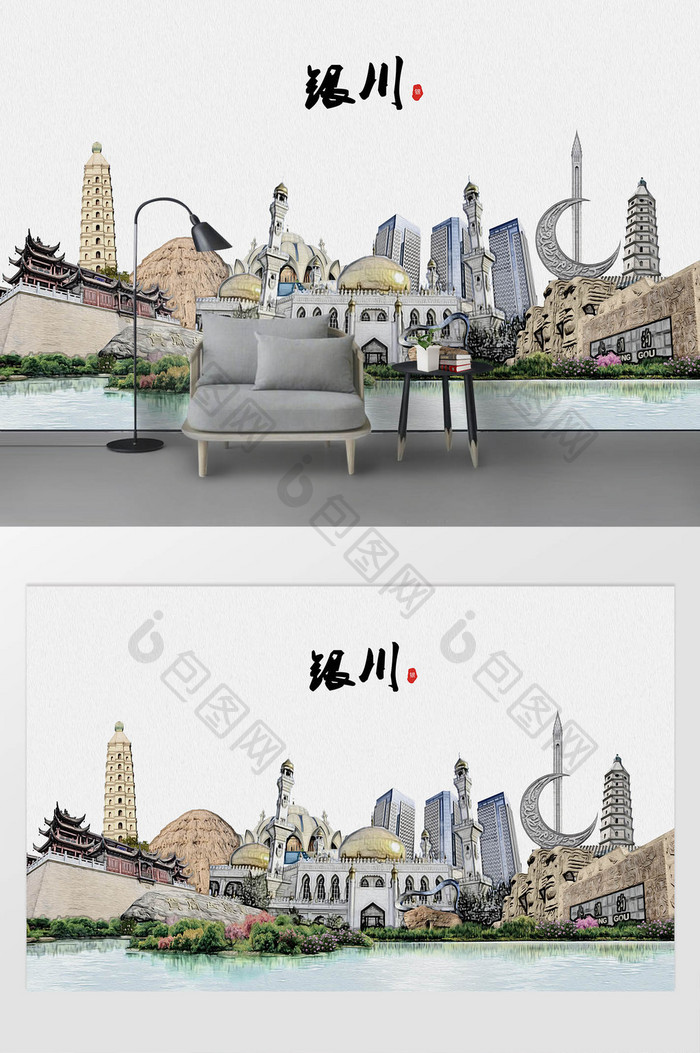 现代简约素描油画银川市城市剪影背景墙