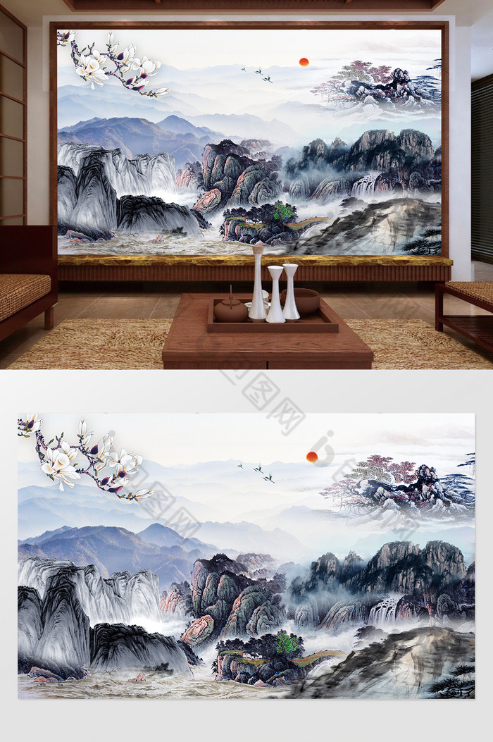 新中式水墨国画抽象山水背景墙风景如画效果图-【包图网】