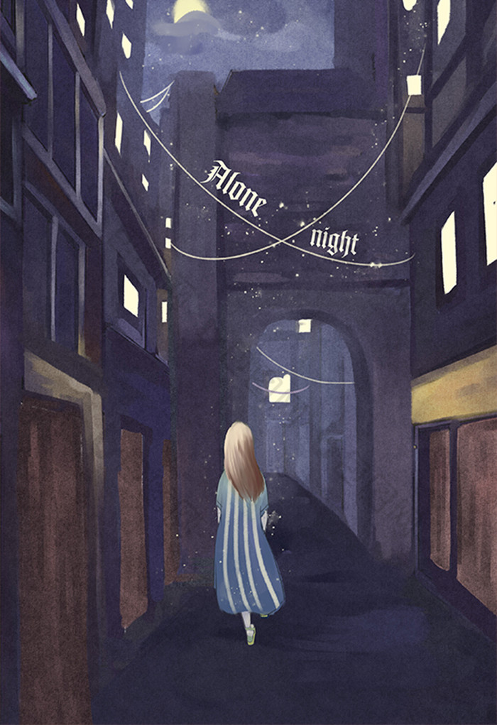包图 插画 情感表达 【psd】 清新少女走夜路街道小巷宣传封面插画 所
