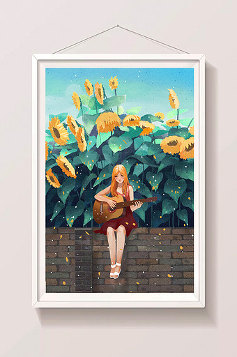 金秋十月少女弹吉他恋爱的季节向日葵插画图片