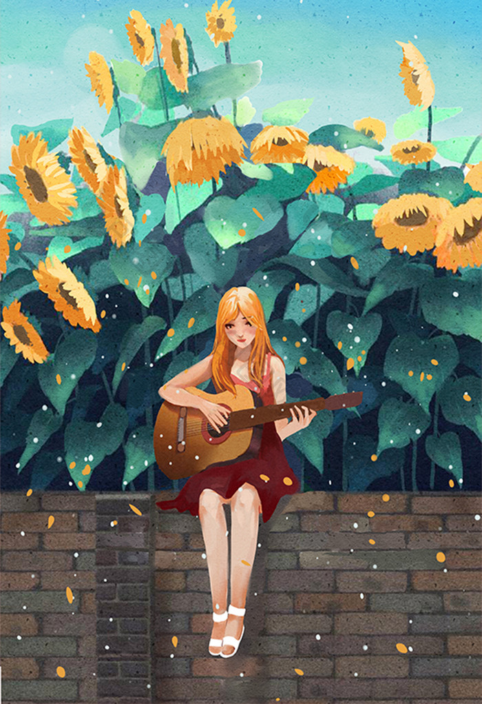 金秋十月少女弹吉他恋爱的季节向日葵插画