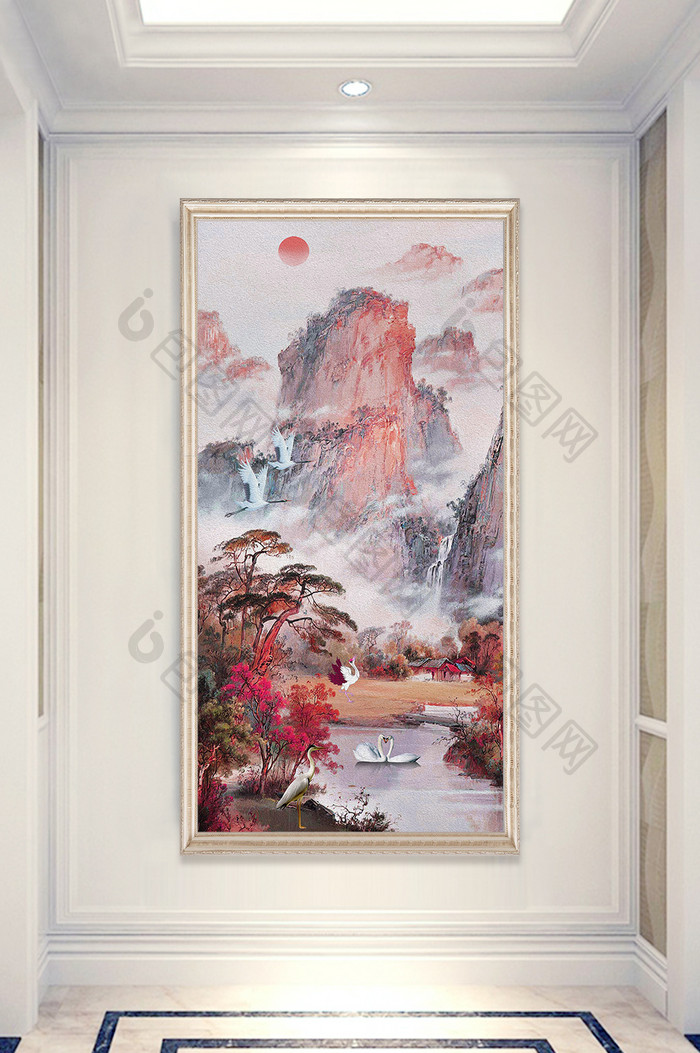 中式唯油画山水画 天鹅 白鹤玄关装饰画