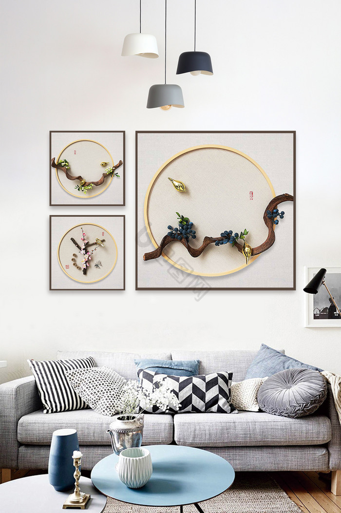 新中式立体浮雕树枝实物装饰画图片