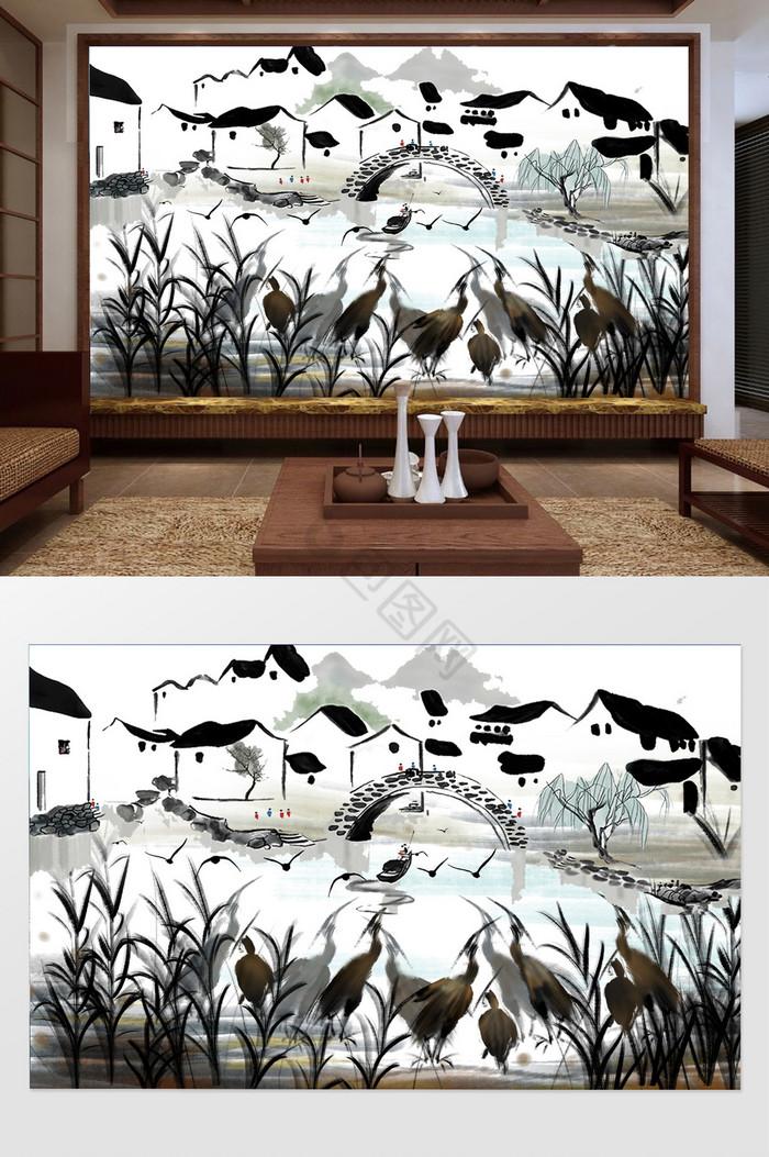 新中式白鹭古宅风景背景墙图片