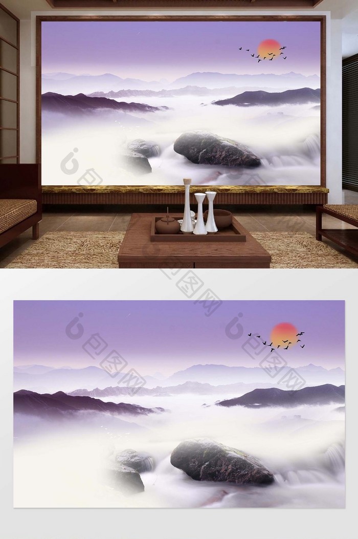 新中式紫色唯美紫色云雾山峦定制背景墙