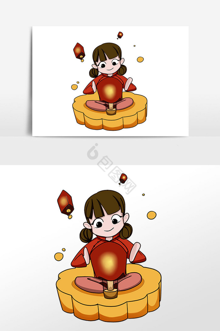 中秋节月饼上的女孩放花灯插画图片