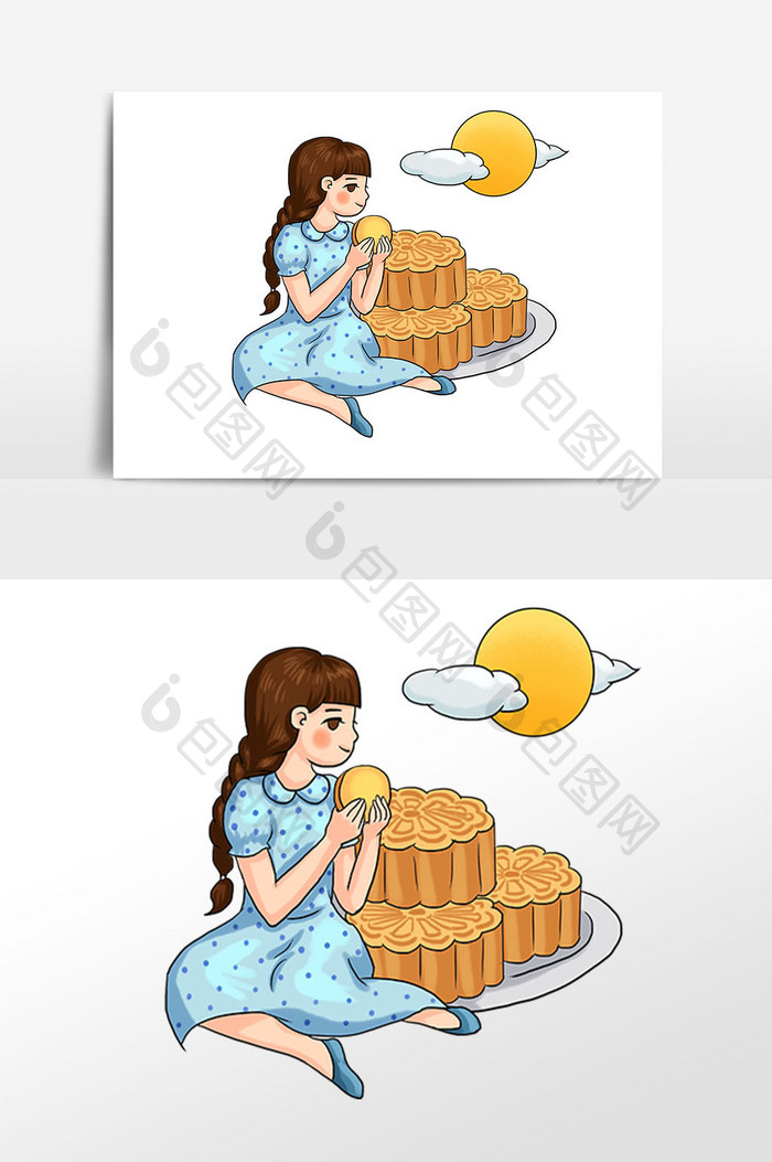 中秋节吃月饼女孩赏月圆插画素材