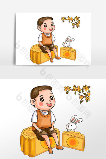 中秋节男孩玉兔月饼桂花插画素材图片