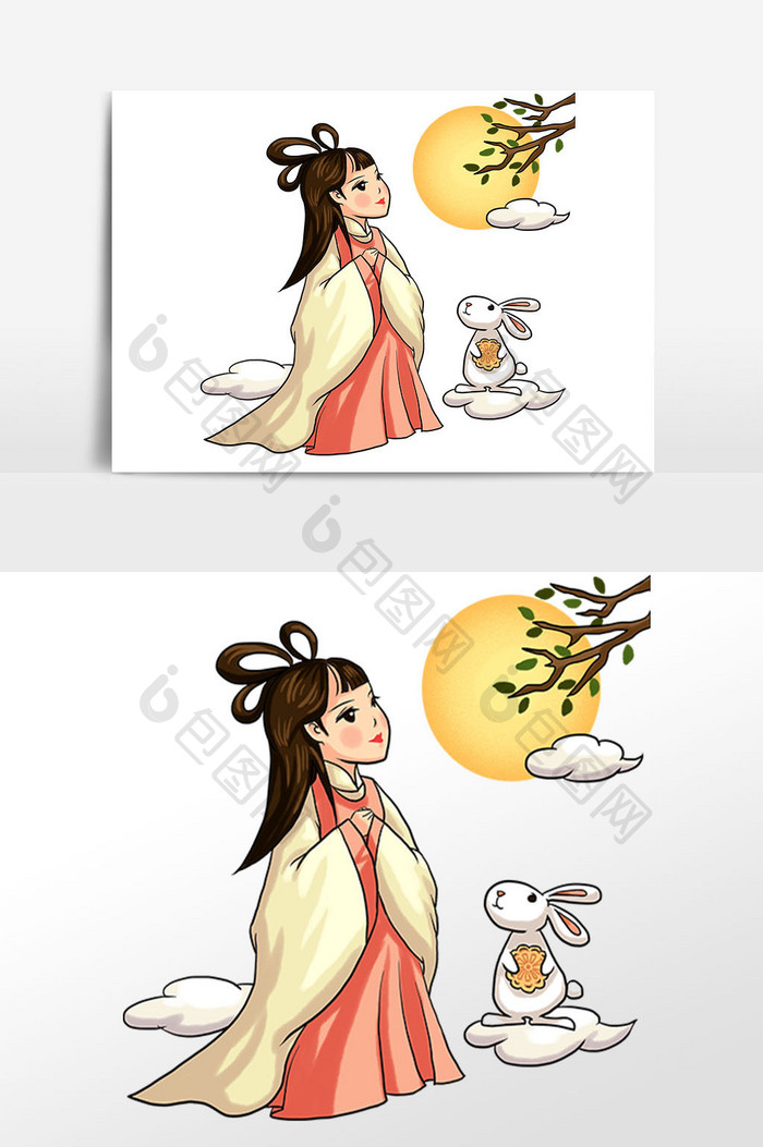 中秋节嫦娥玉兔赏月插画素材