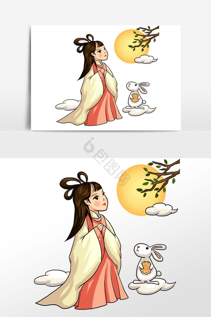 中秋节嫦娥玉兔赏月插画图片