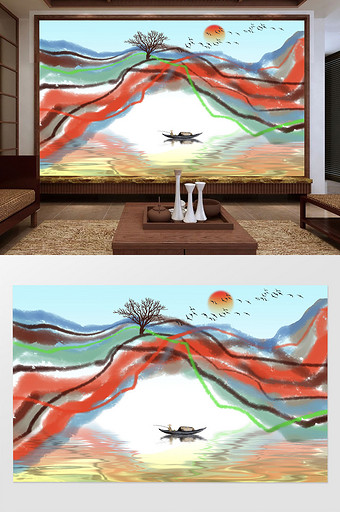 新中式抽象山水画背景装饰画图片