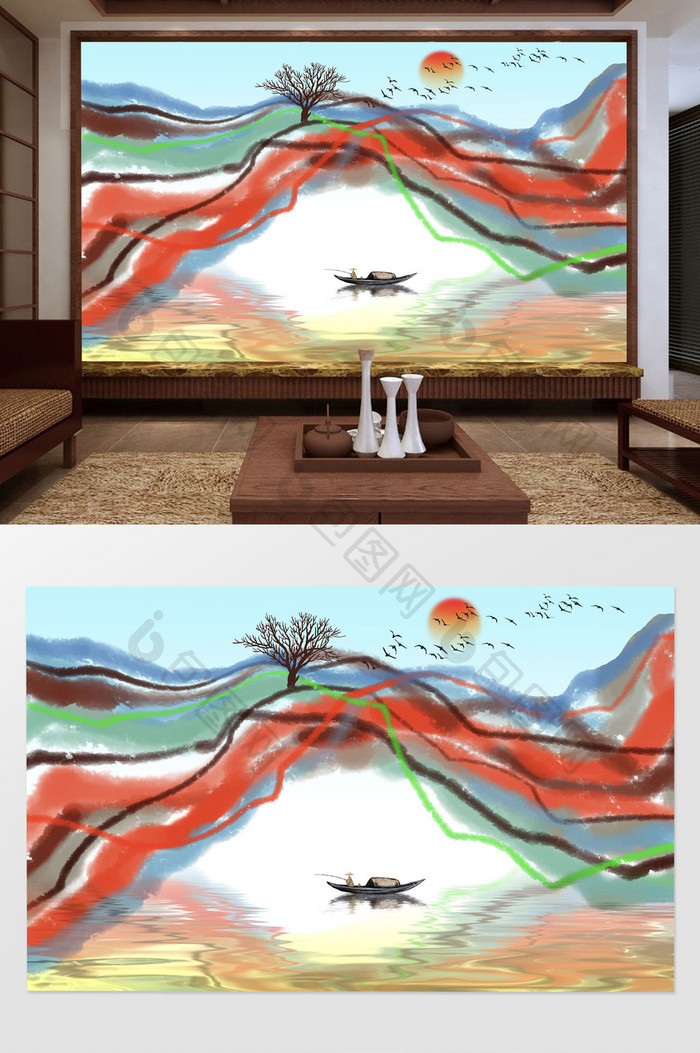 新中式抽象山水画背景装饰画
