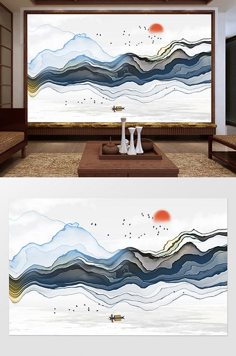 新中式抽象水墨山水线条电视背景墙图片