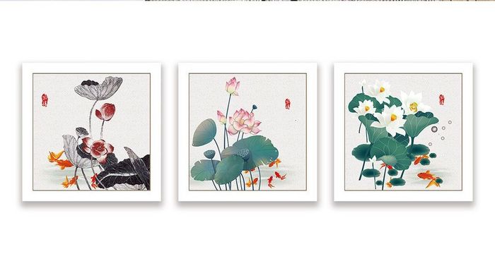 新中式风格手绘水墨荷花组合装饰画