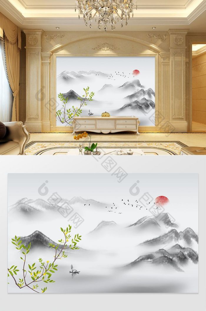 新中式禅意山水画背景墙定制装饰画图片图片