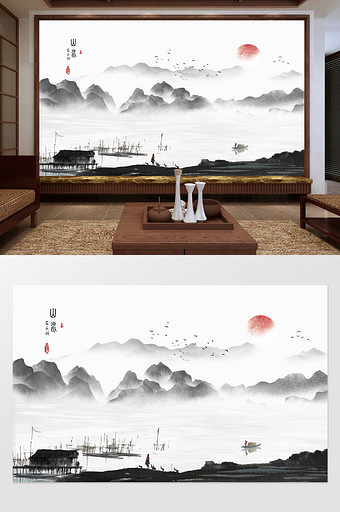 中式禅意山水画背景墙装饰画定制图片