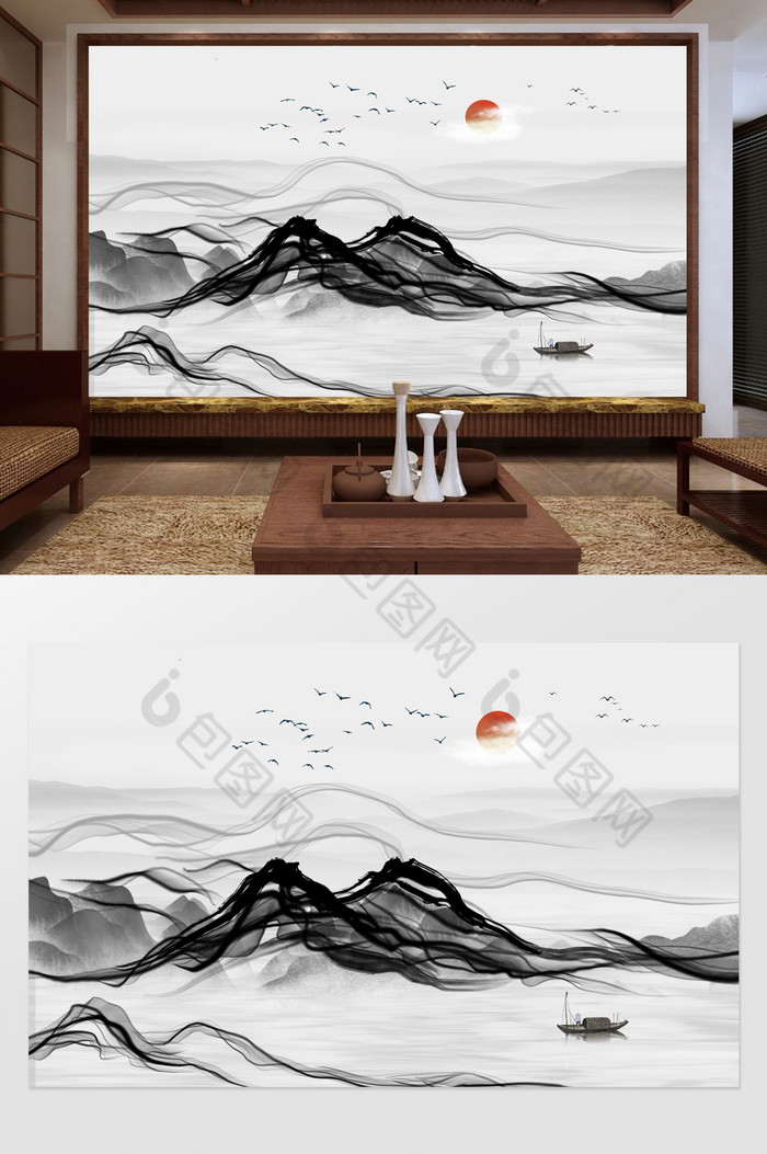 新中式禅意山水画背景墙定制图片图片