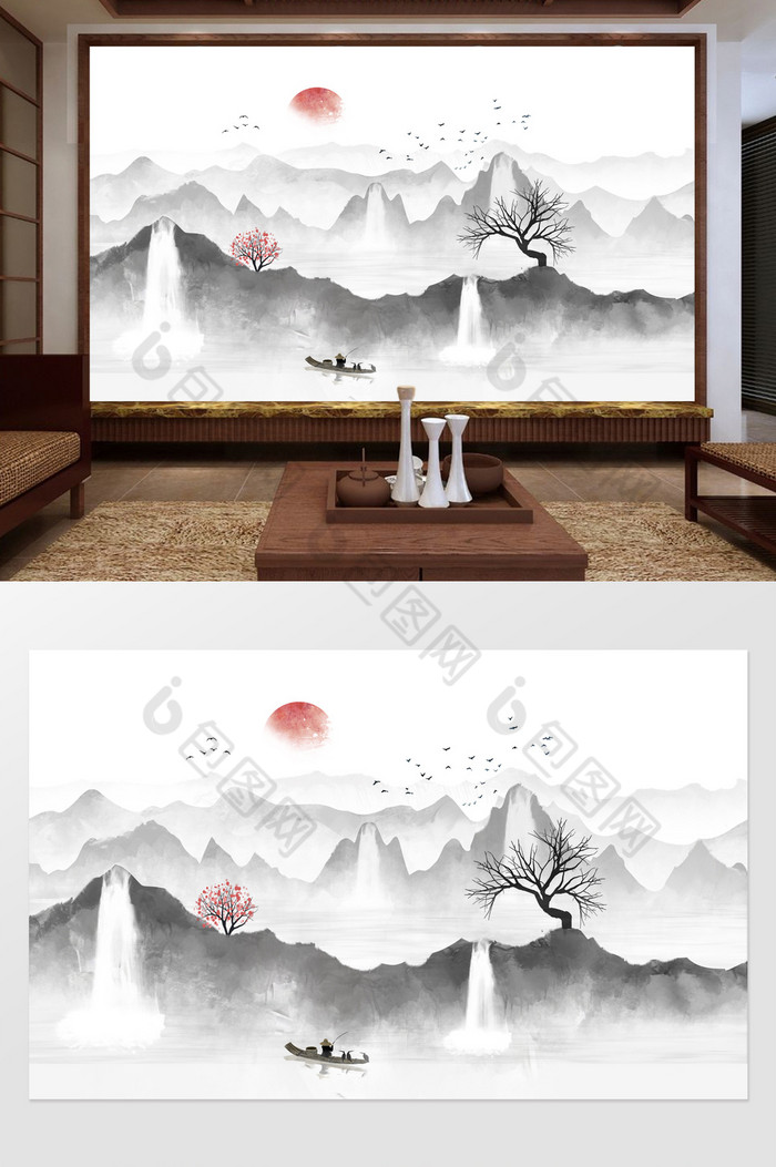 新中式禅意山水画背景墙装饰画定制图片图片
