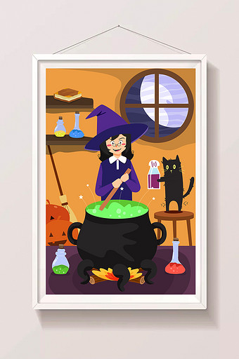 卡通邪恶女巫魔法煮毒药魔幻房间插画图片下载