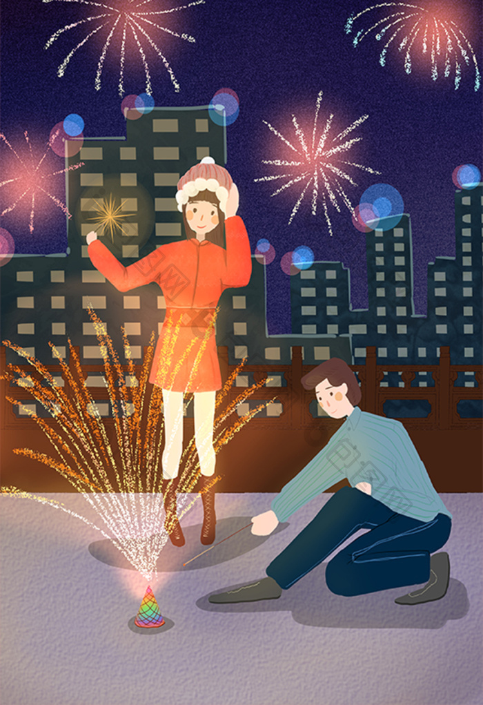 春节情侣放烟火高楼夜晚插画图片