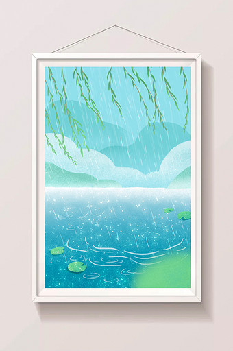 手绘下雨的水池插画背景图片