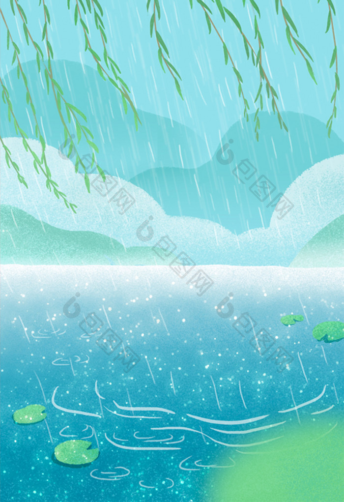 手绘下雨的水池插画背景