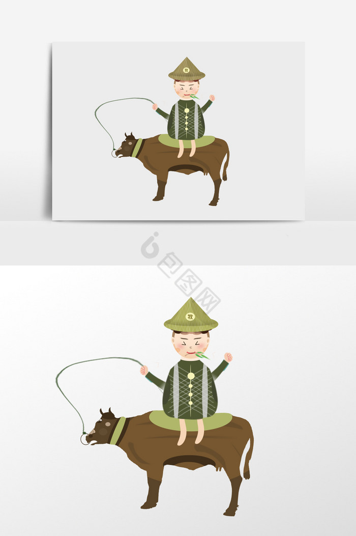 骑牛的男孩插画图片