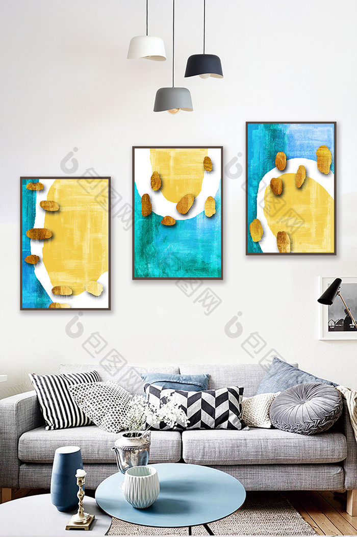 现代抽象蓝黄色块客厅装饰画