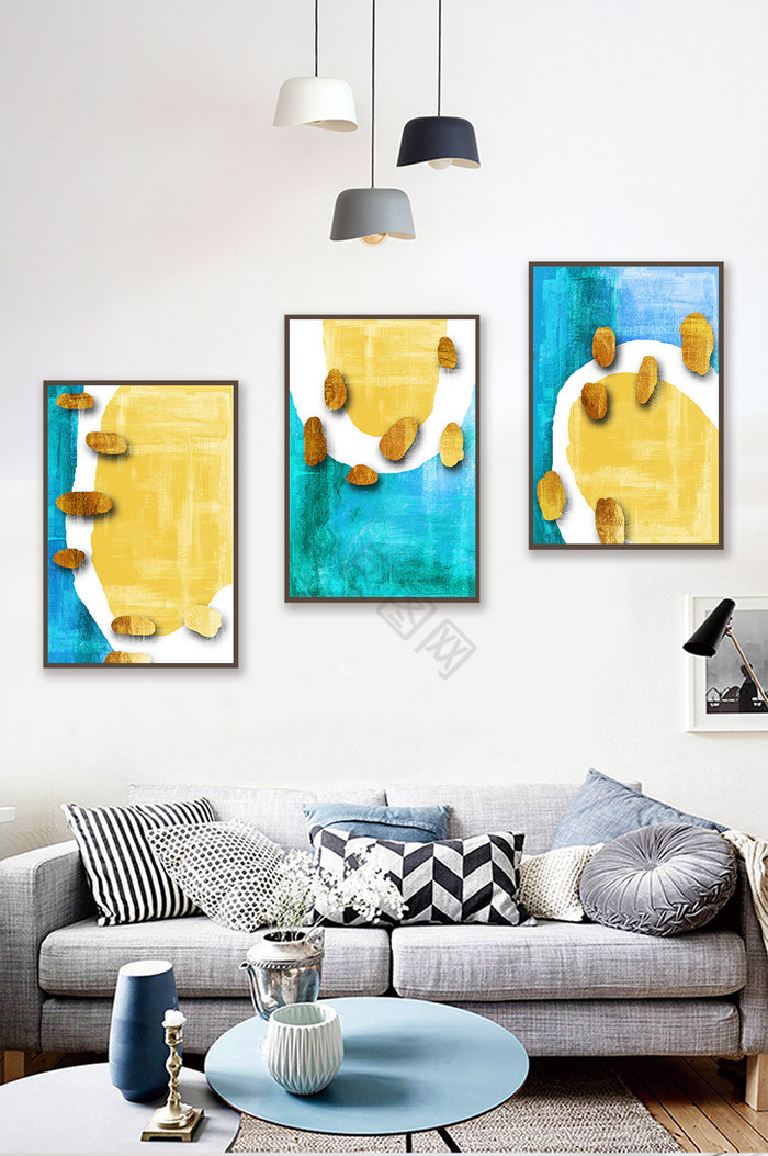 现代抽象蓝黄色块客厅装饰画图片