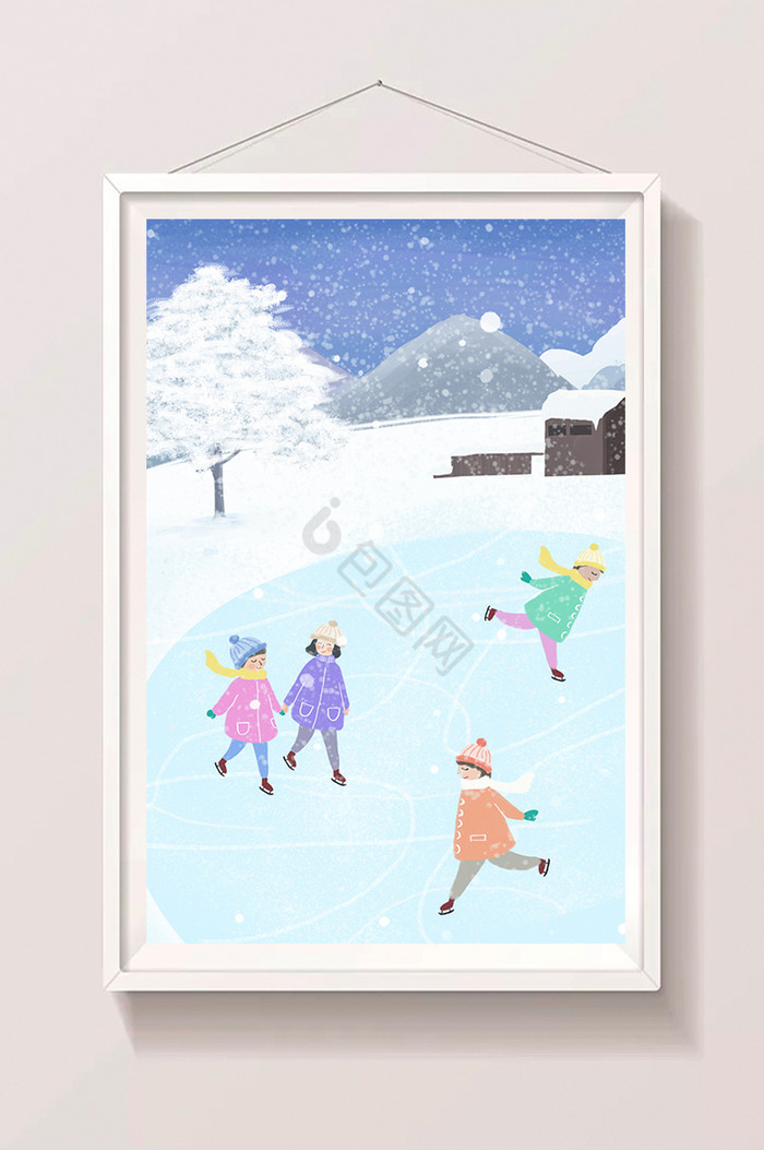 大雪儿童滑冰插画图片