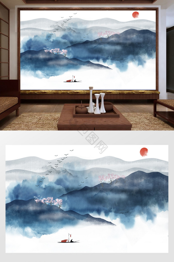 中式泼墨山水飞鸟背景墙图片