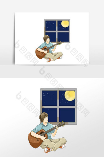 手绘中秋节男孩弹吉他赏月插画素材图片