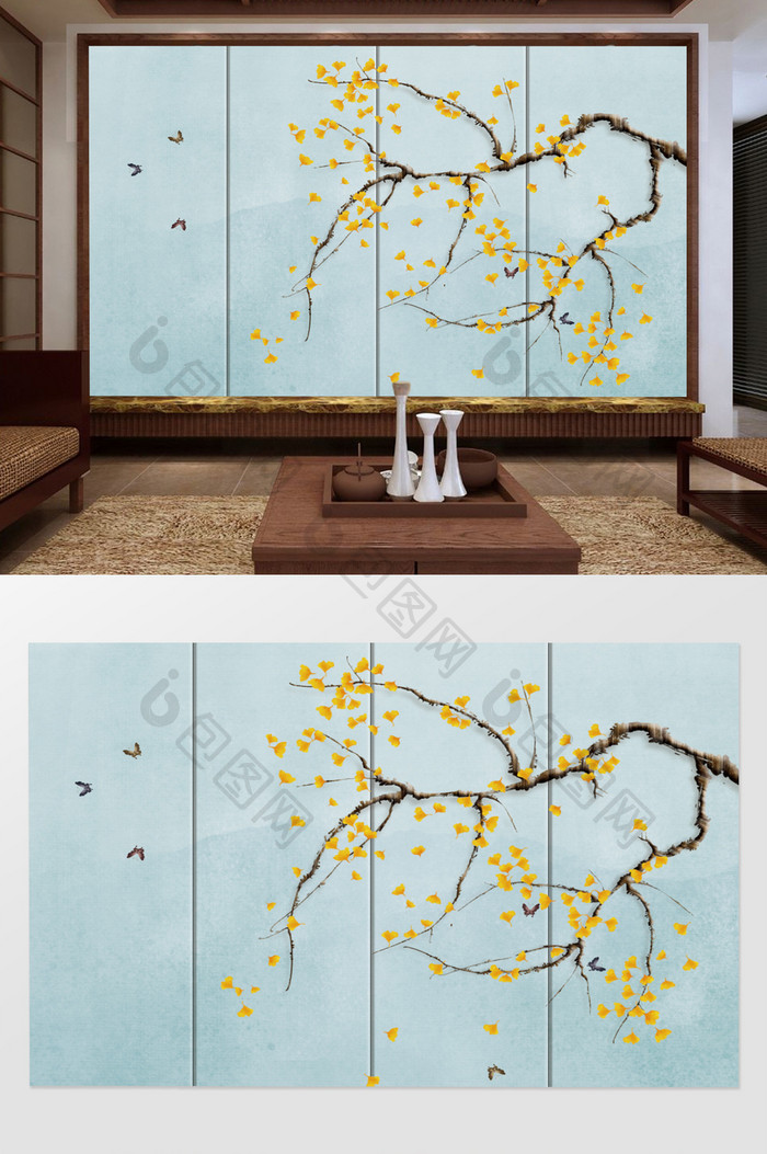 现代手绘新中式银杏工笔花鸟背景墙装饰画