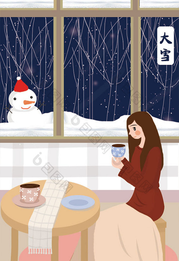 唯美清新大雪女孩室内观雪景插画