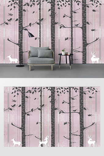 现代北欧森林小鹿背景墙定制图片