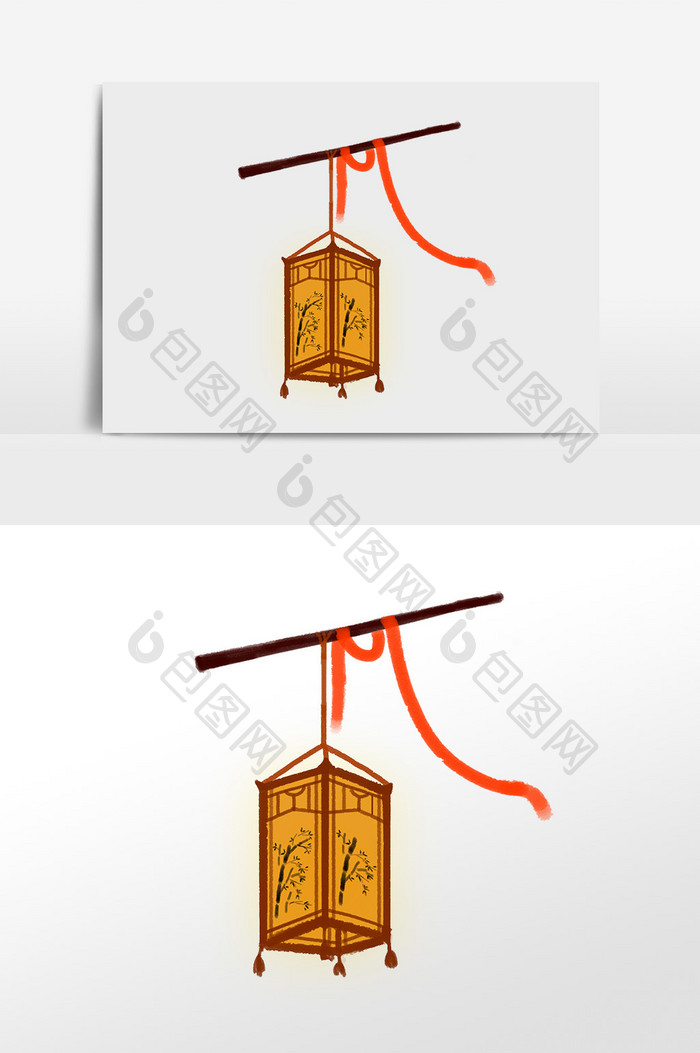 中国风水墨风水彩风手绘竹叶橙色灯笼