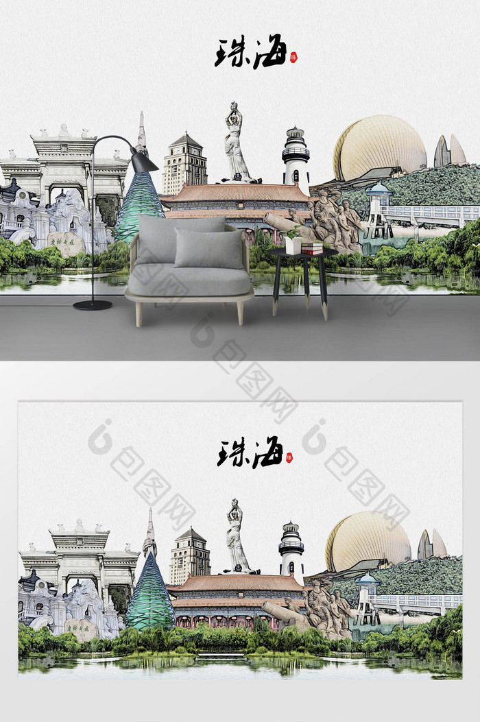现代简约素描油画珠海市城市剪影背景墙