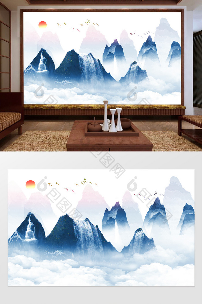 中国风水墨山水风景飞鸟意境电视背景墙