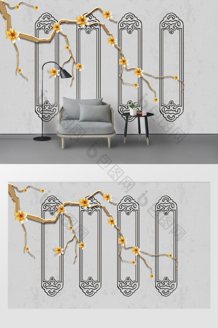 现代简约立体浮雕树枝花朵铁艺装饰背景墙