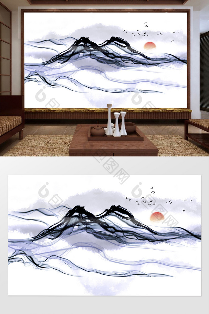 新中式抽象意境水墨山水背景墙装饰