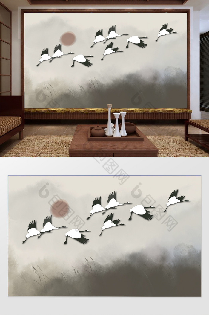 新中式一行白鹭上青天背景墙图片图片