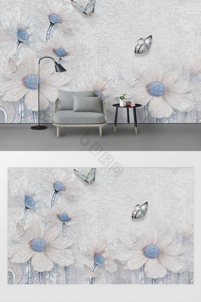 现代小清新花卉手绘蓝粉色蝴蝶背景墙图片