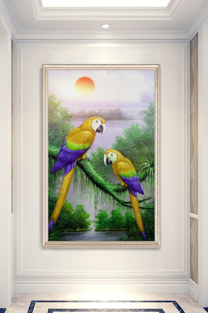 现代手绘油画山水树木鹦鹉玄关装饰画图片