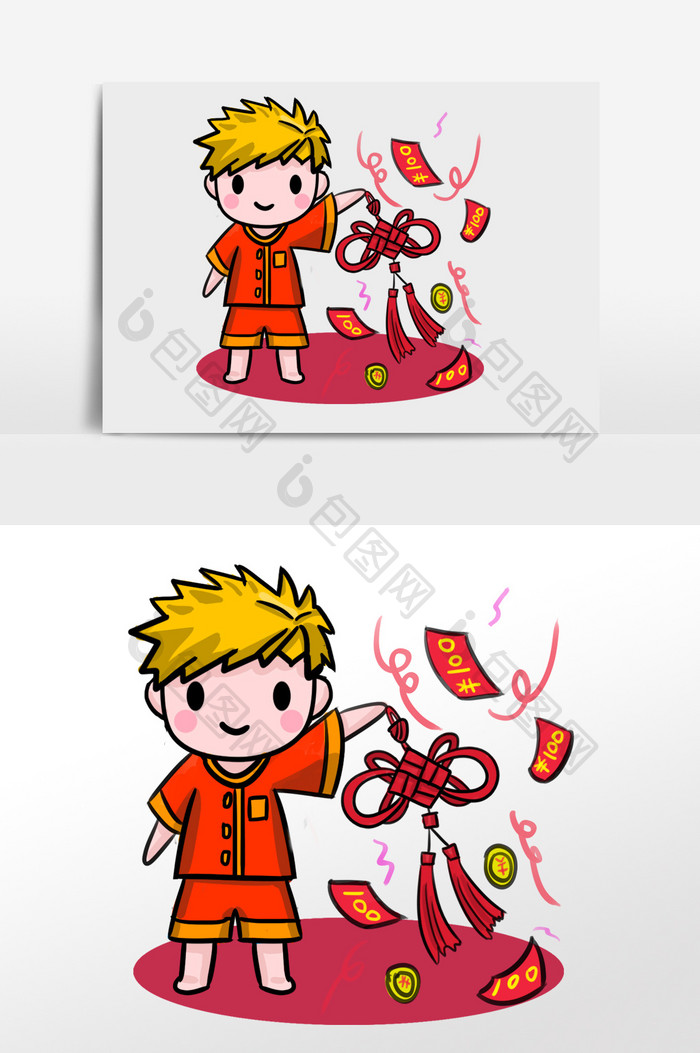 新年男孩红色中国结手绘插画