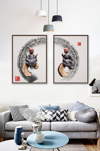 新中式水墨禅意立体小和尚实物装饰画