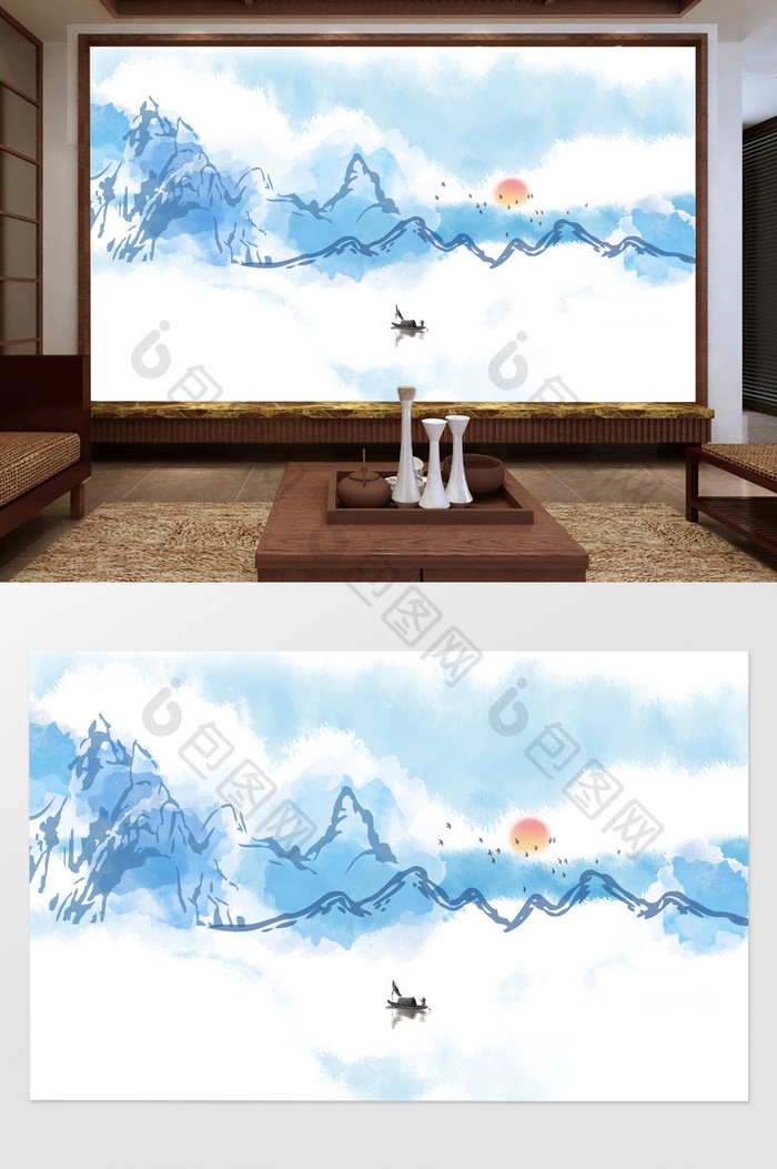 新中式蓝色意境水墨山水背景墙装饰画