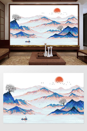 新中式抽象水墨日出山水电视背景墙定制图片