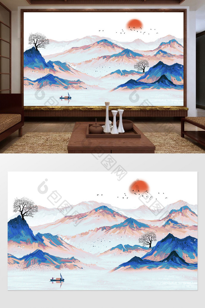 新中式抽象水墨日出山水电视背景墙定制