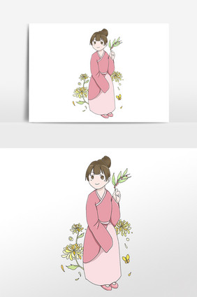 手绘重阳节女孩赏菊花插画素材