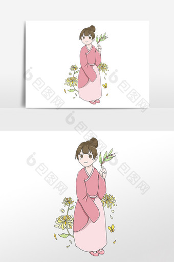 手绘重阳节女孩赏菊花插画素材图片